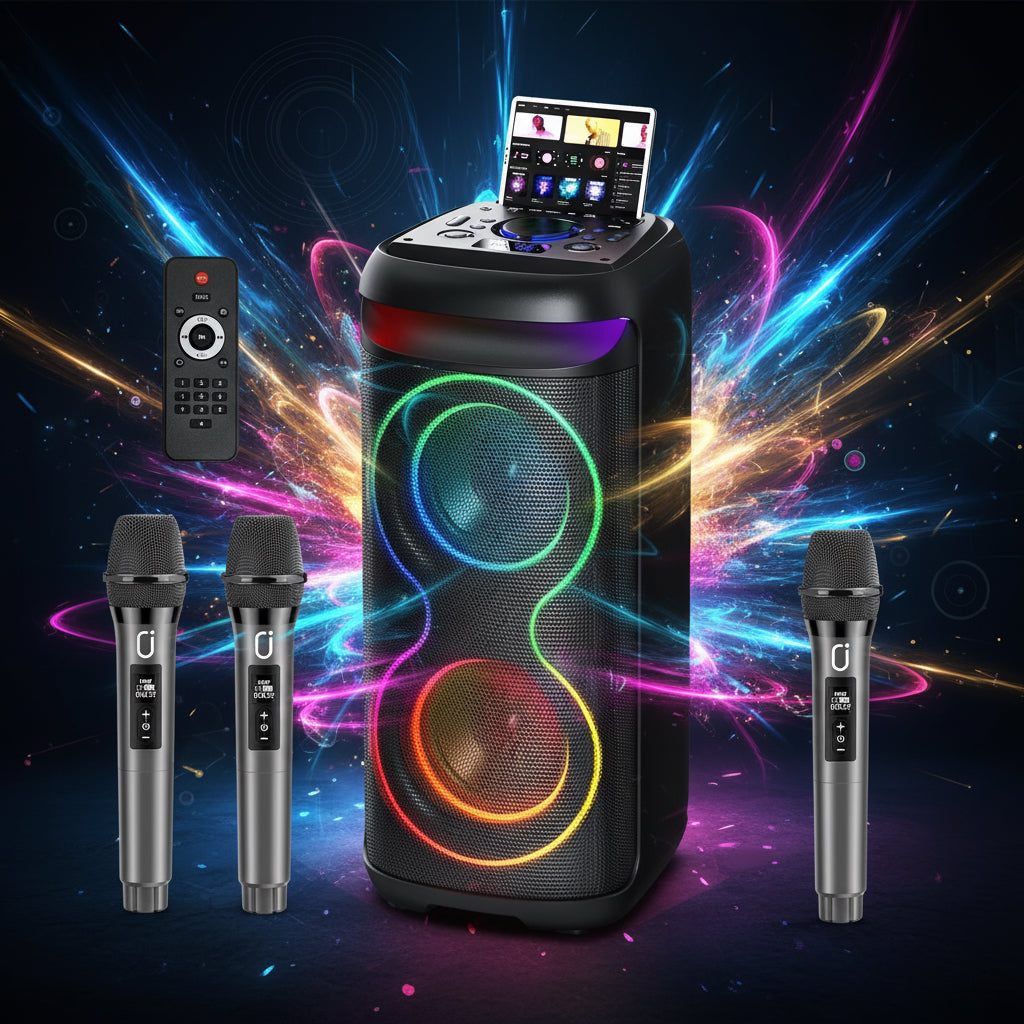 Big Bluetooth Speaker, Large Party Speaker with 2 Wireless Microphones, DJ Lights, Portable Outdoor Speaker with Karaoke Speaker PA System, T20-T