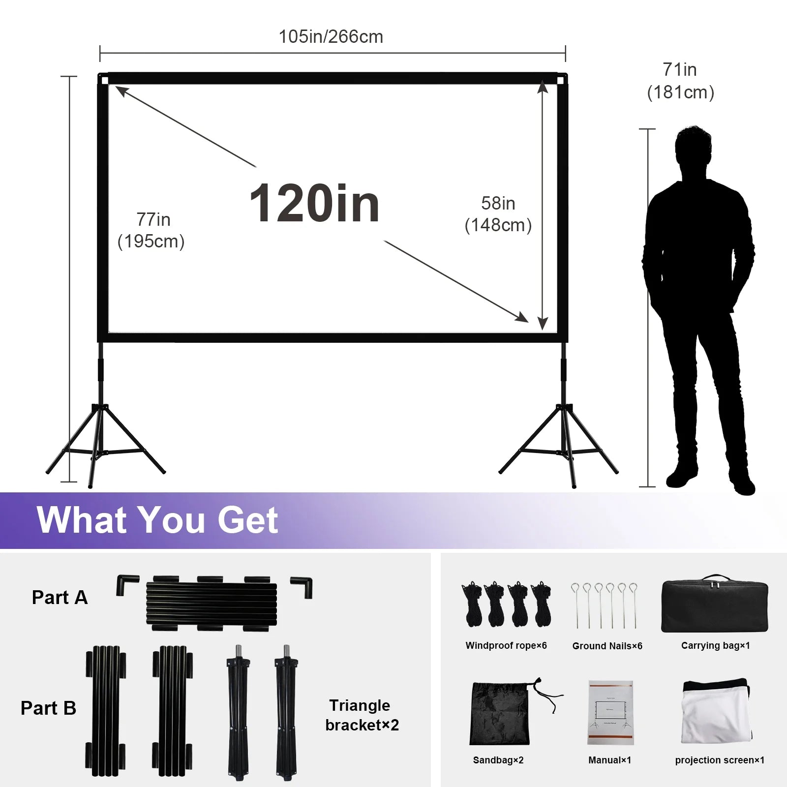 Outdoor Projector Screen with Stand 120 Inch 16:9 Portable 4K HD Movie Screen for Backyard, Indoor Home Theater