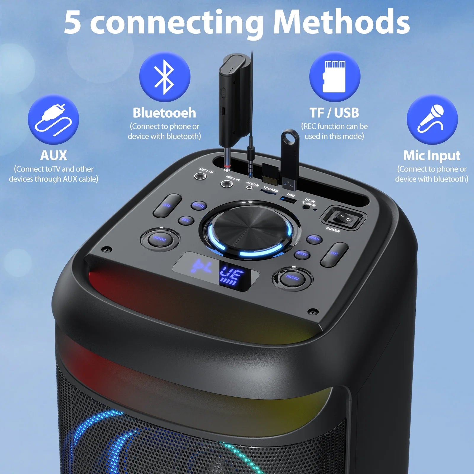 Big Bluetooth Speaker, Large Party Speaker with 2 Wireless Microphones, DJ Lights, Portable Outdoor Speaker with Karaoke Speaker PA System, T20-T