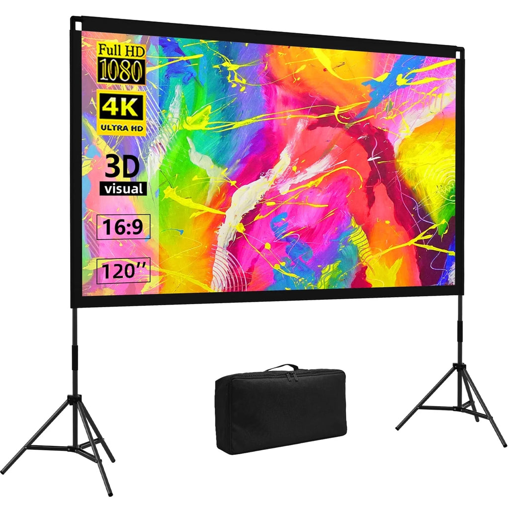 Outdoor Projector Screen with Stand 120 Inch 16:9 Portable 4K HD Movie Screen for Backyard, Indoor Home Theater