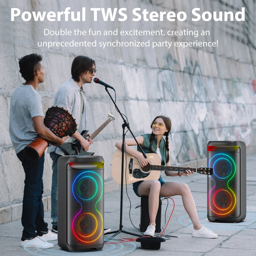 Big Bluetooth Speaker, Large Party Speaker with 2 Wireless Microphones, DJ Lights, Portable Outdoor Speaker with Karaoke Speaker PA System, T20-T