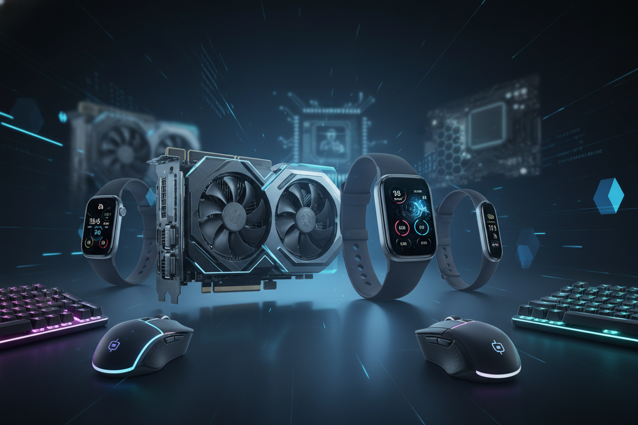 Electronics online store background store sells pc components, health and fitness watches, and gaming accessories 