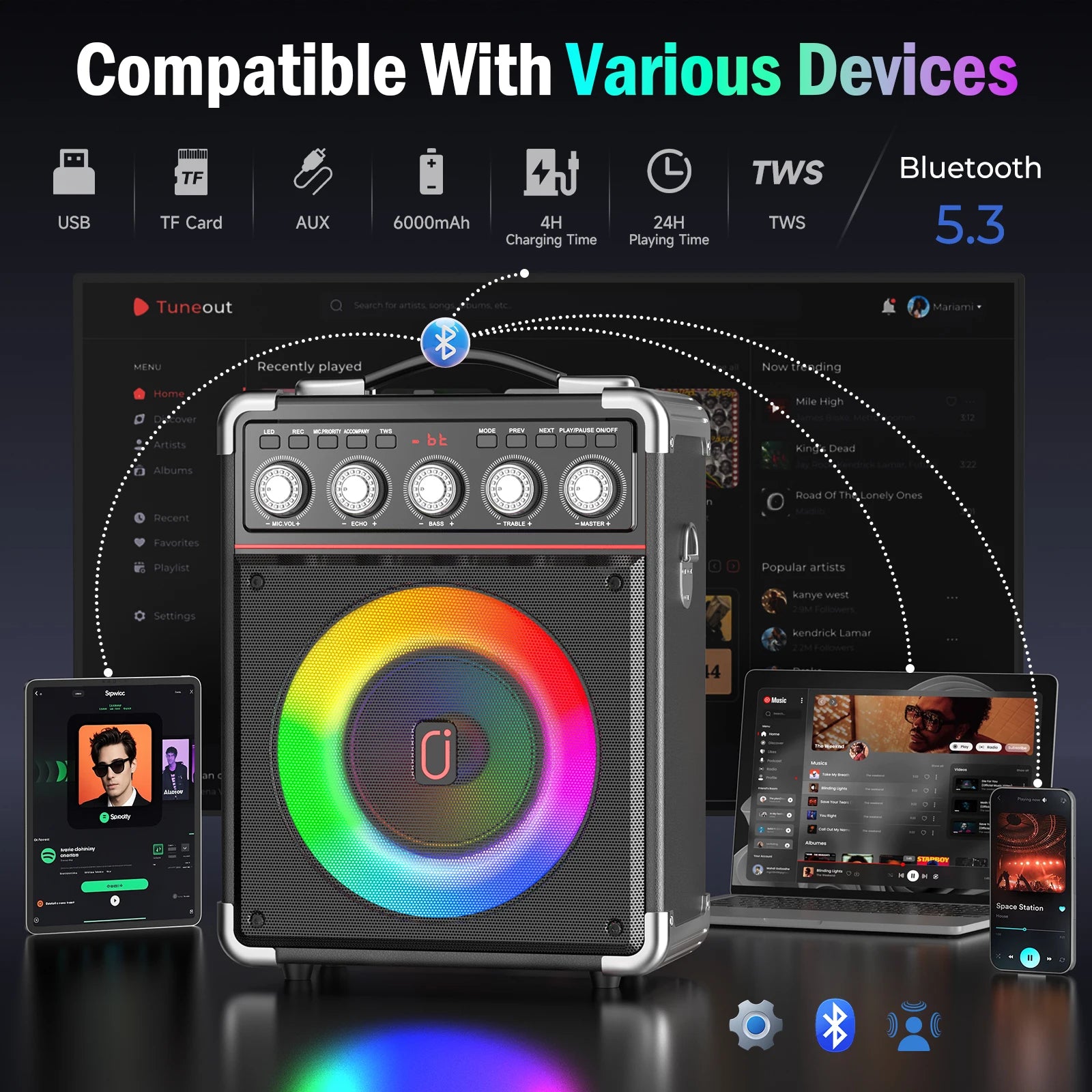 Karaoke Speaker, Bluetooth Speaker with 2 Microphones and LED Light, Portable Wireless Speaker, Outdoor Party Speaker